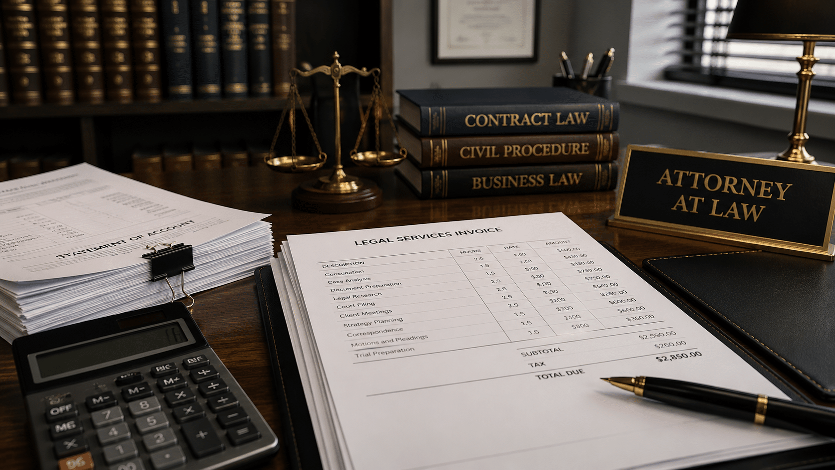 Legal consultation cost documents and attorney office desk