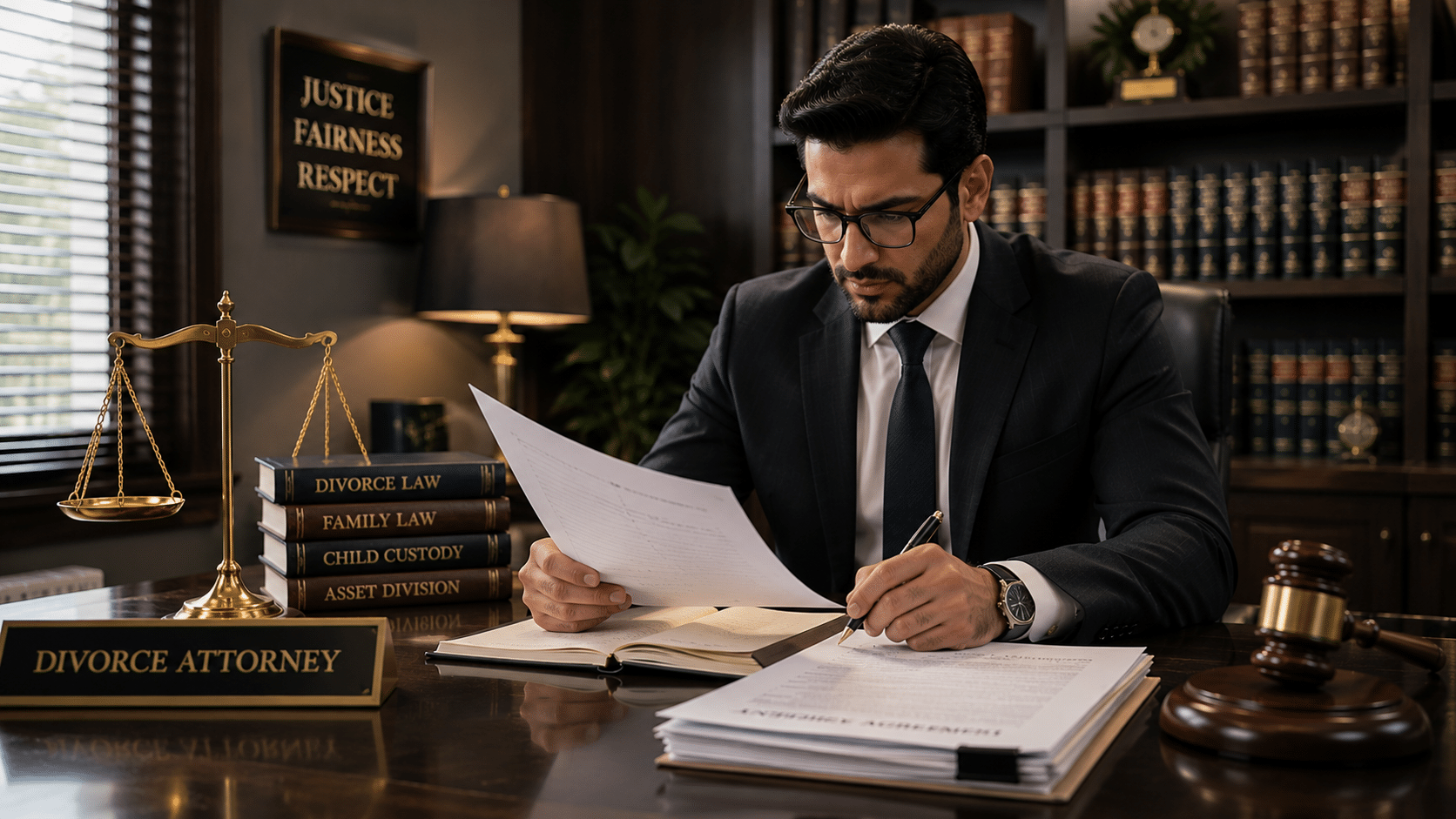 Divorce attorney reviewing legal documents in office