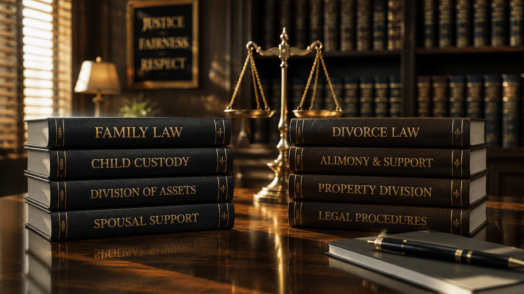 Family law and divorce law legal books in attorney office