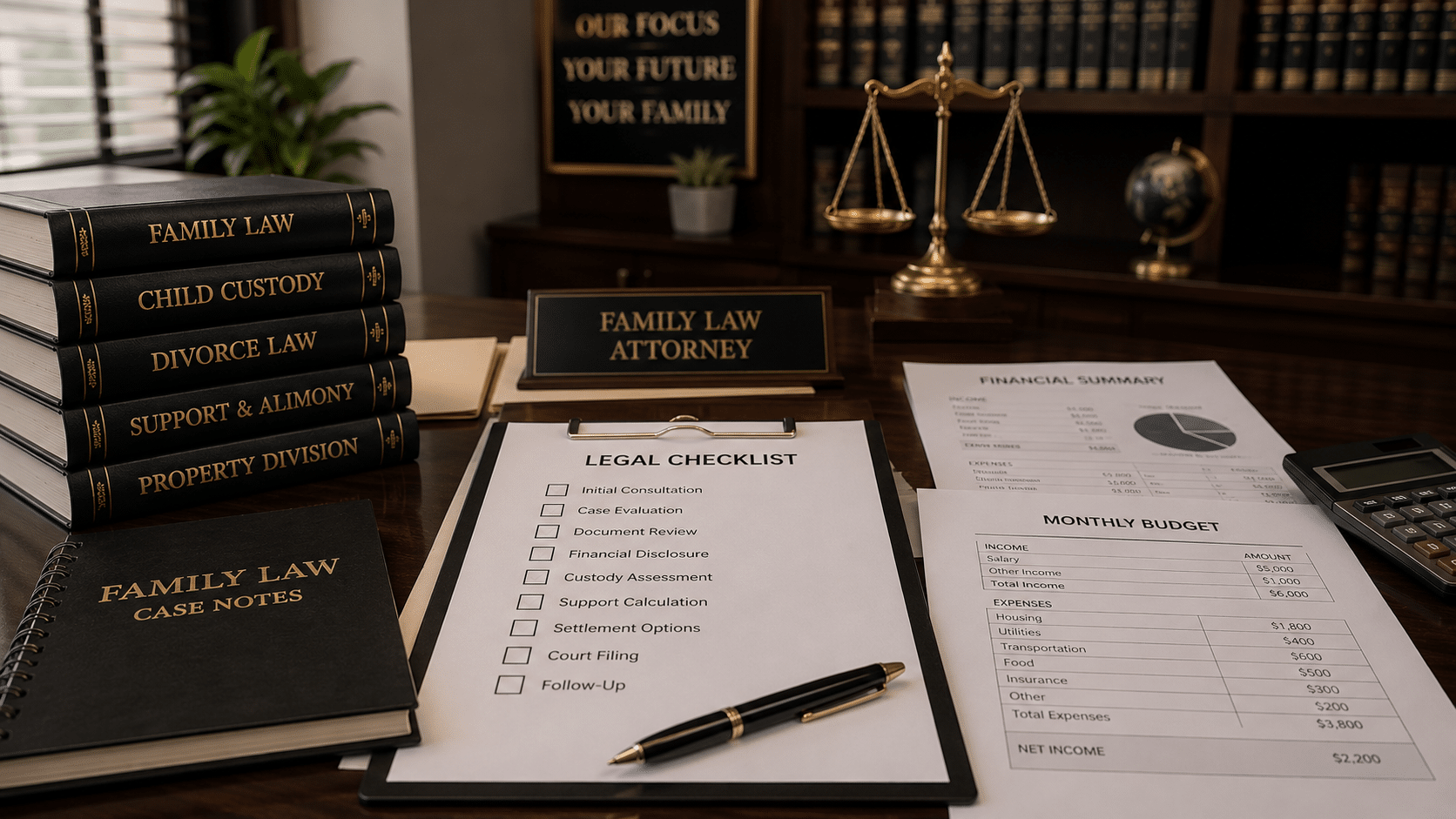 Documents prepared for first family law attorney consultation