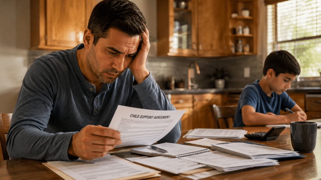 Parent reviewing child support legal documents at home while caring for a child