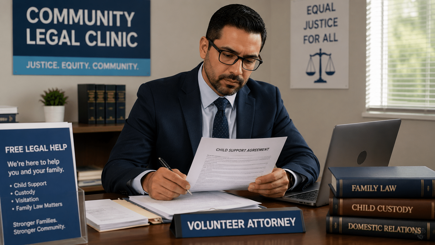Volunteer attorney providing free legal assistance for child support cases