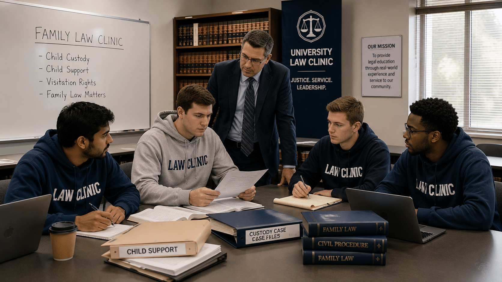 Law students assisting with family law cases in a university clinic