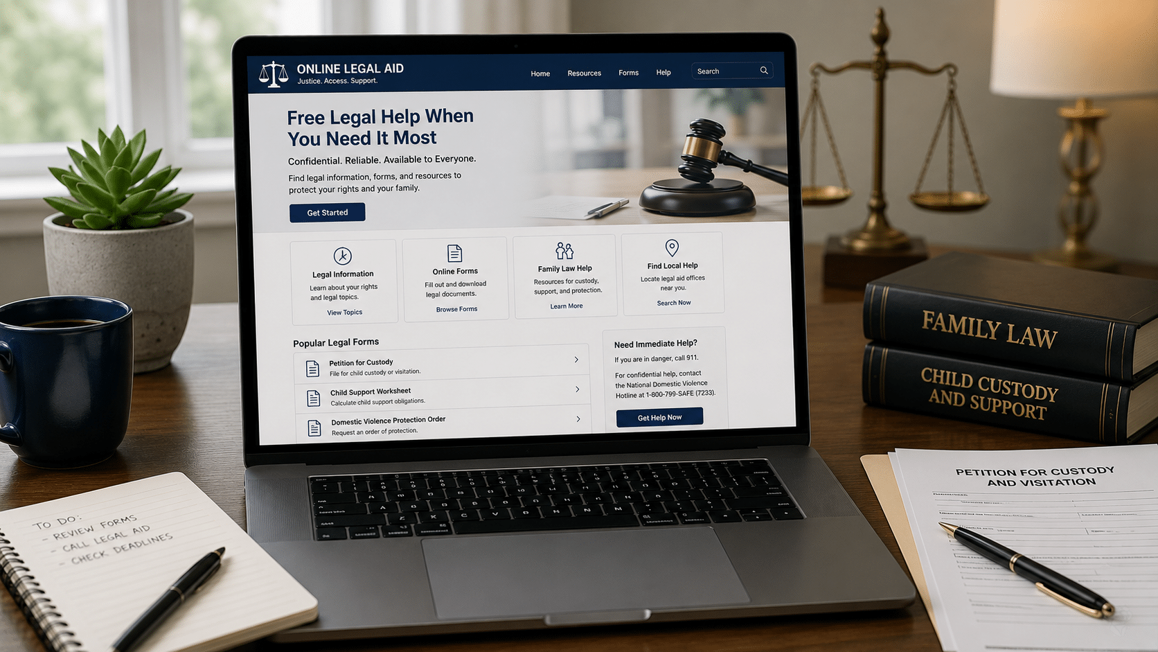 Online legal aid websites and digital child support resources on a laptop