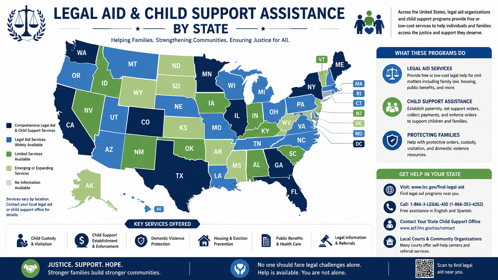 Map showing child support legal assistance programs across different states