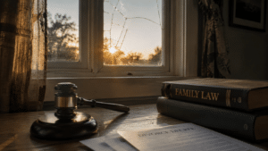Cracked household window with sunlight symbolizing domestic safety and legal protection