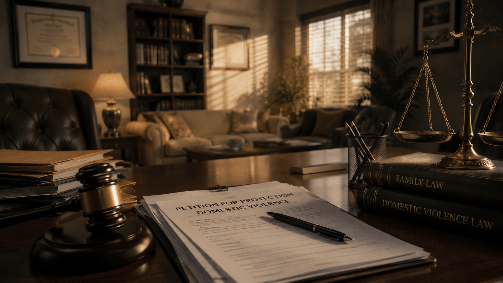 Family law office scene representing legal understanding of domestic violence
