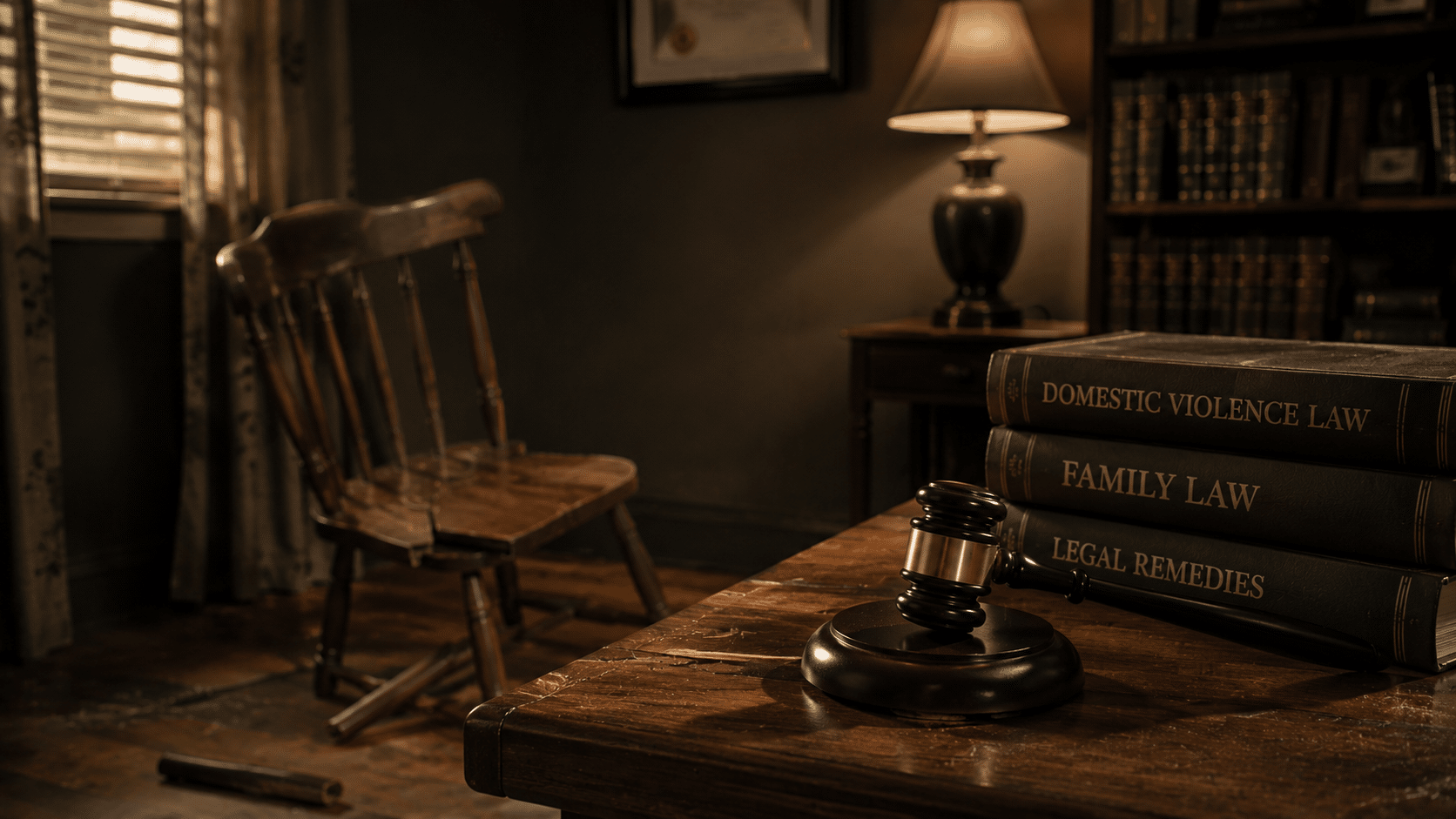 Law gavel and damaged furniture representing physical domestic abuse laws