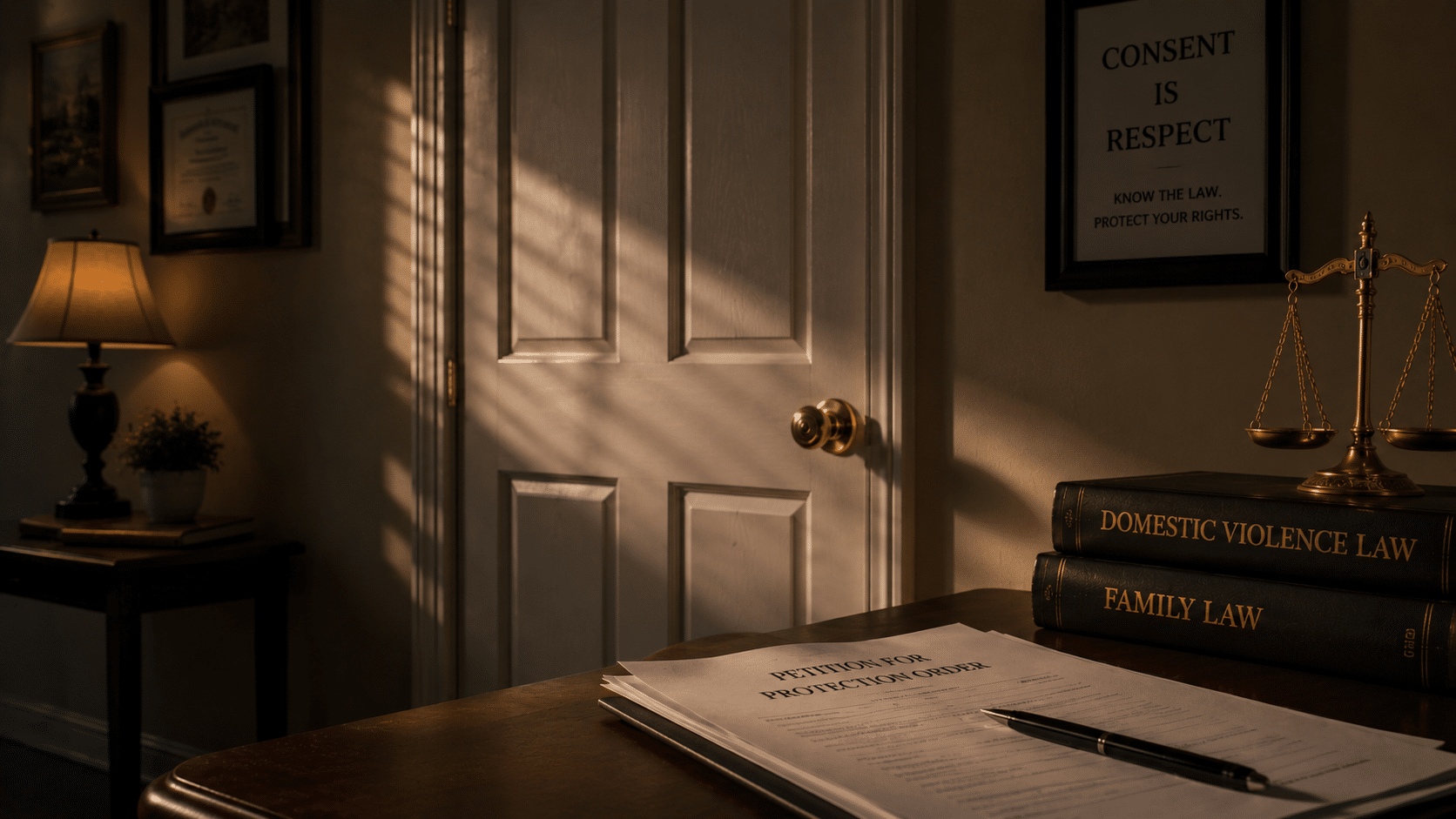 Closed door and legal documents representing legal protection against sexual abuse