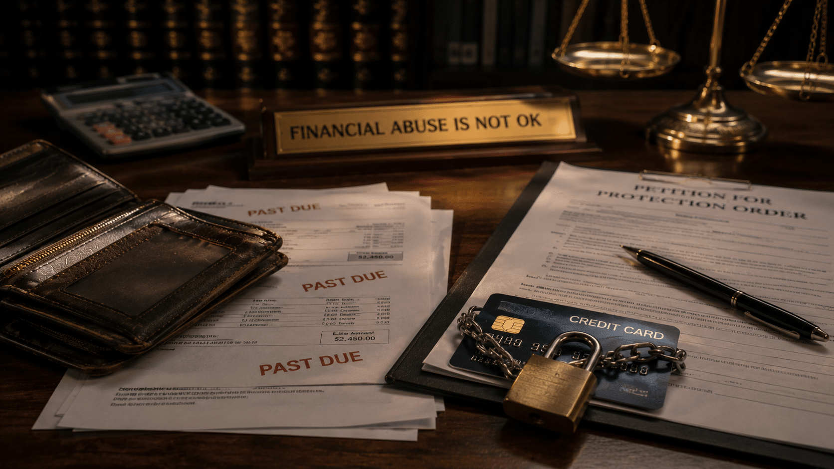 Financial documents and locked wallet representing economic abuse