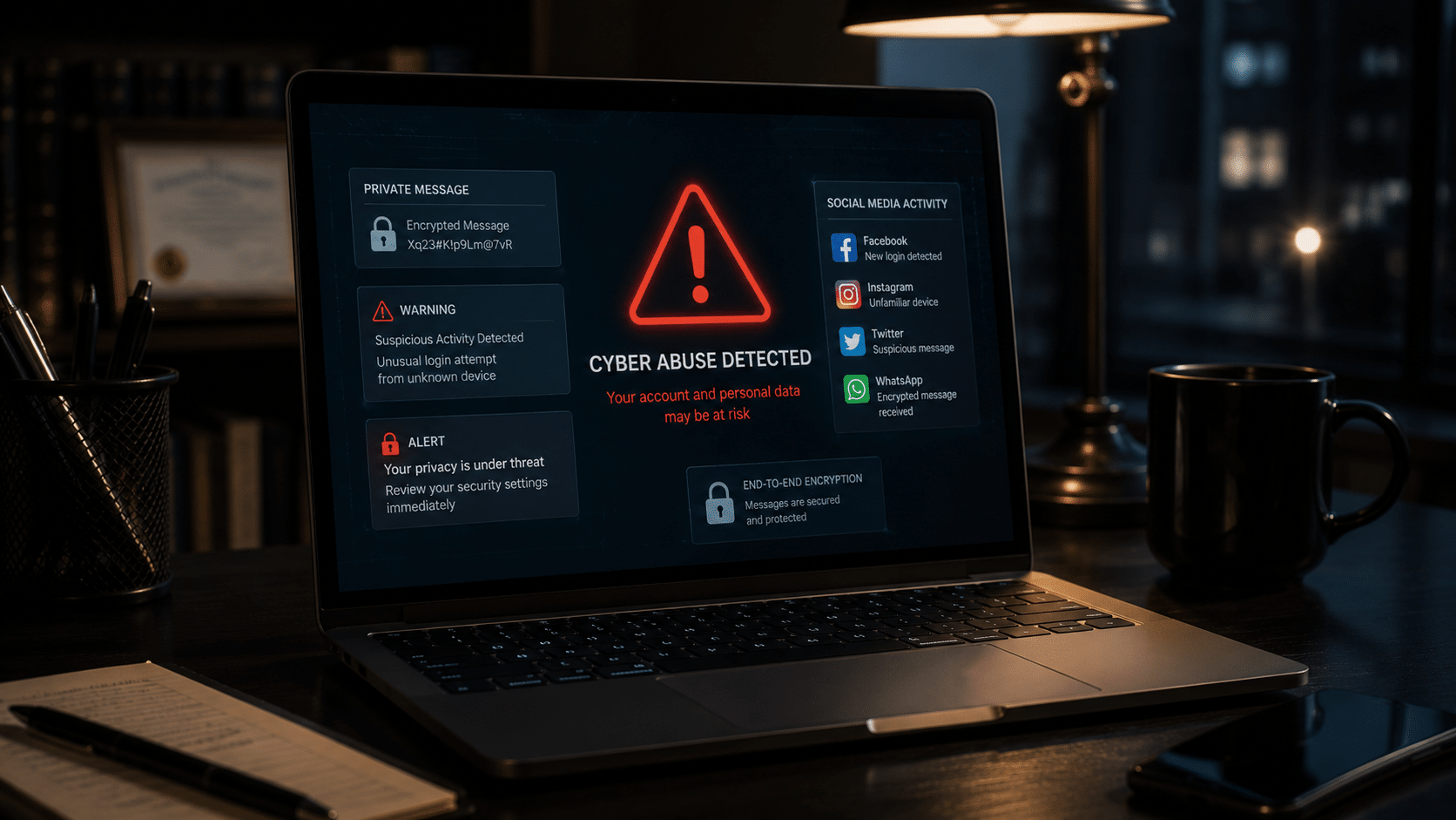 Cybersecurity warning screen representing digital domestic abuse