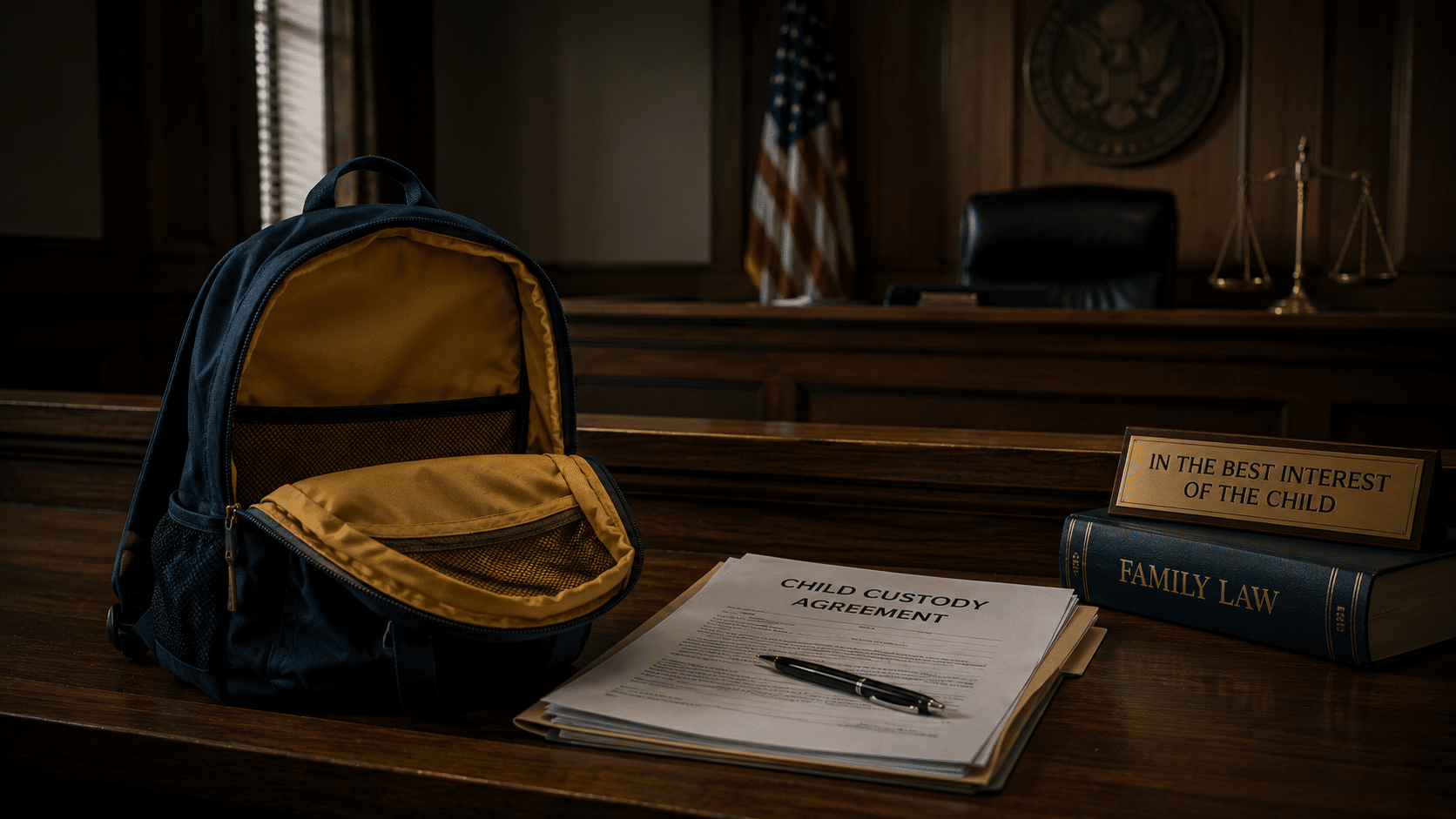 Child custody documents and backpack representing child-related domestic abuse cases