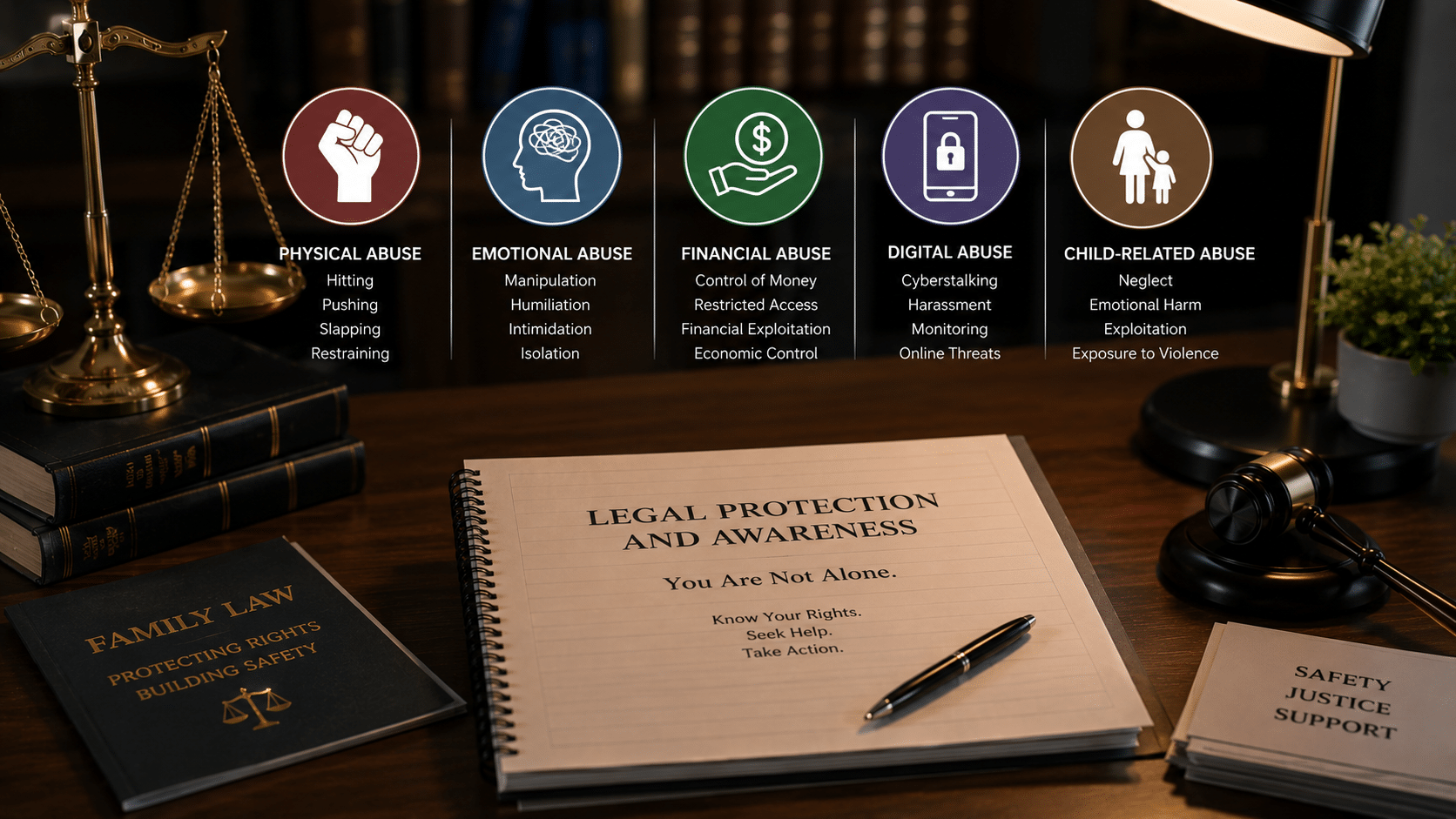 Legal infographic concept showing different types of domestic violence