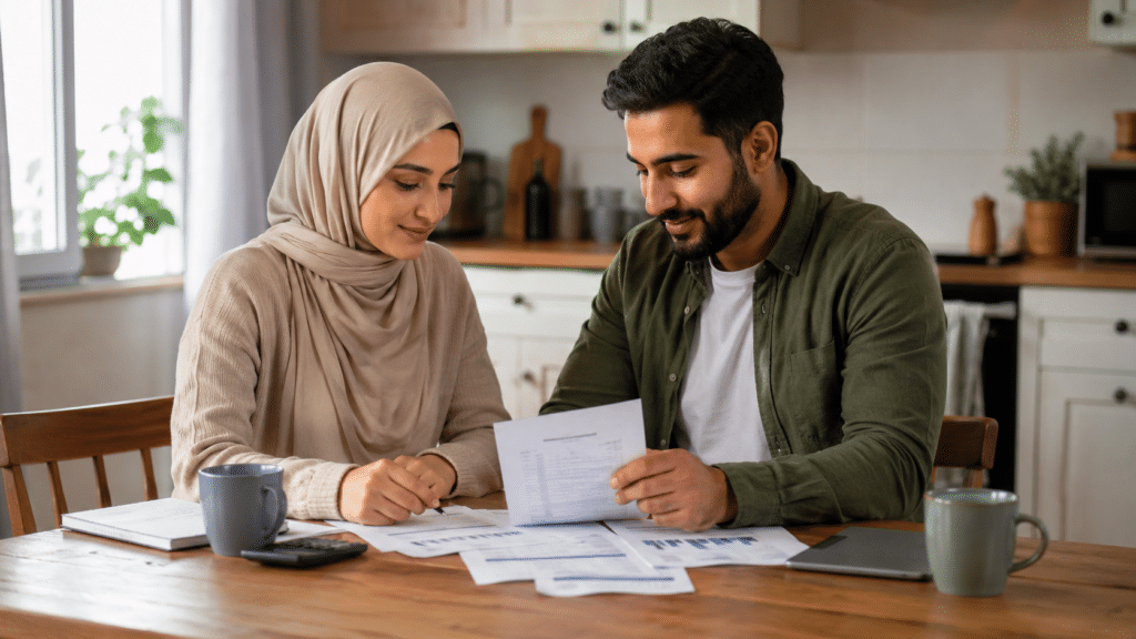 Engaged couple discussing finances and reviewing documents before marriage