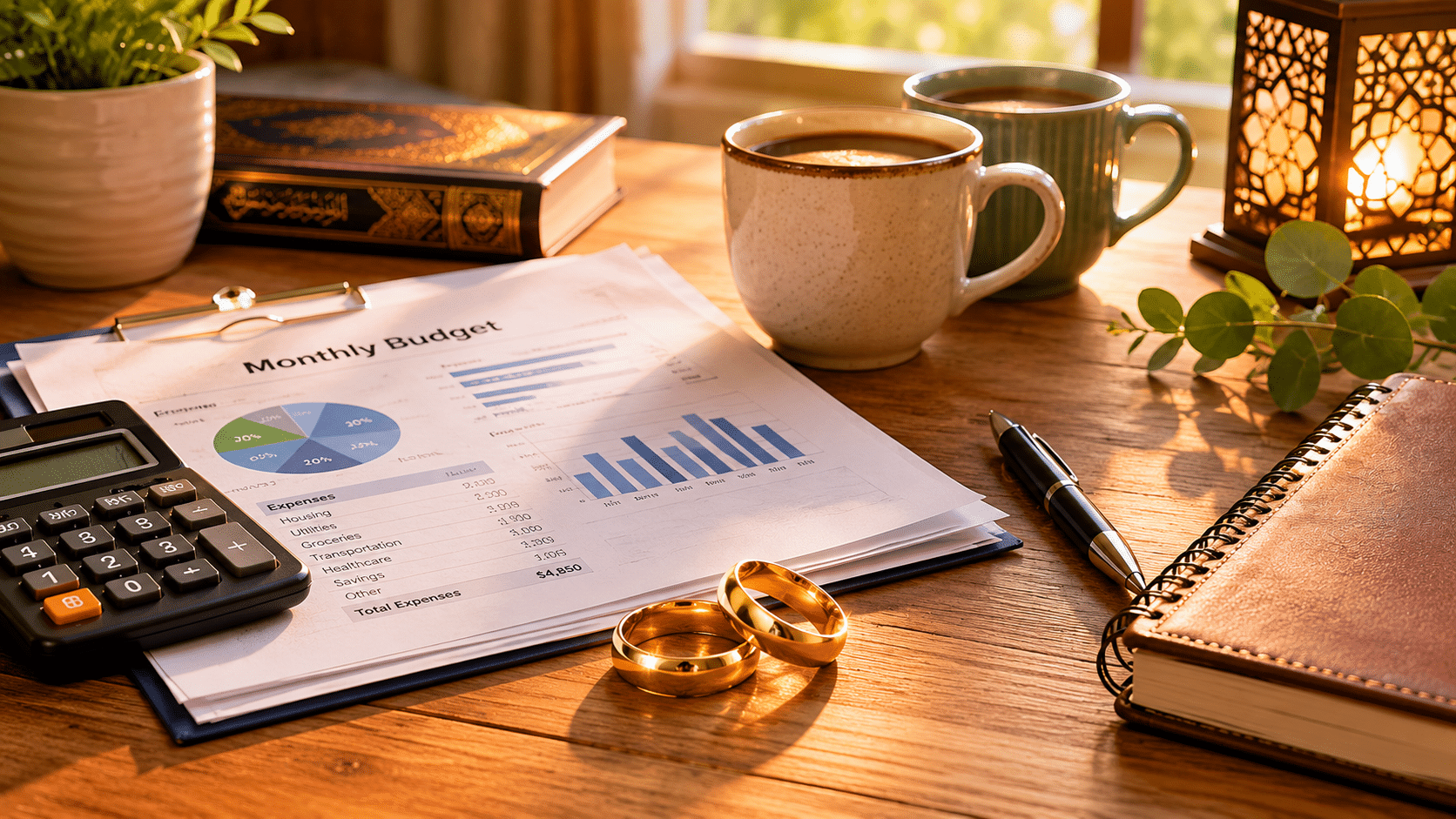 Wedding rings beside financial planning documents and calculator