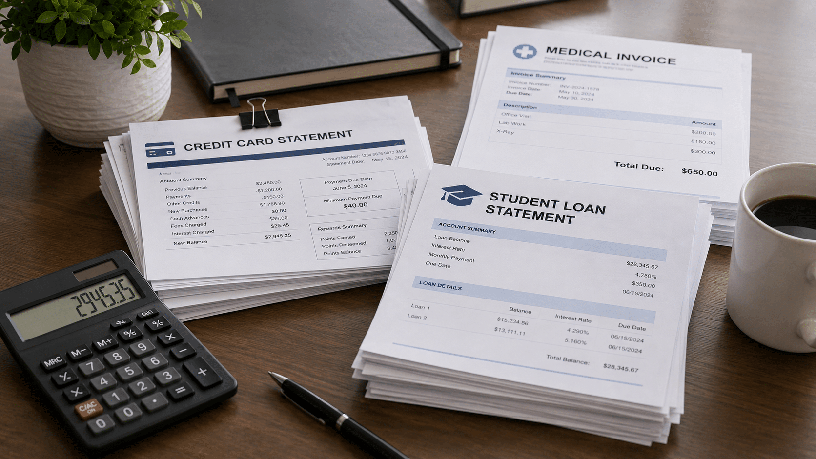 Debt documents including loans and credit card bills