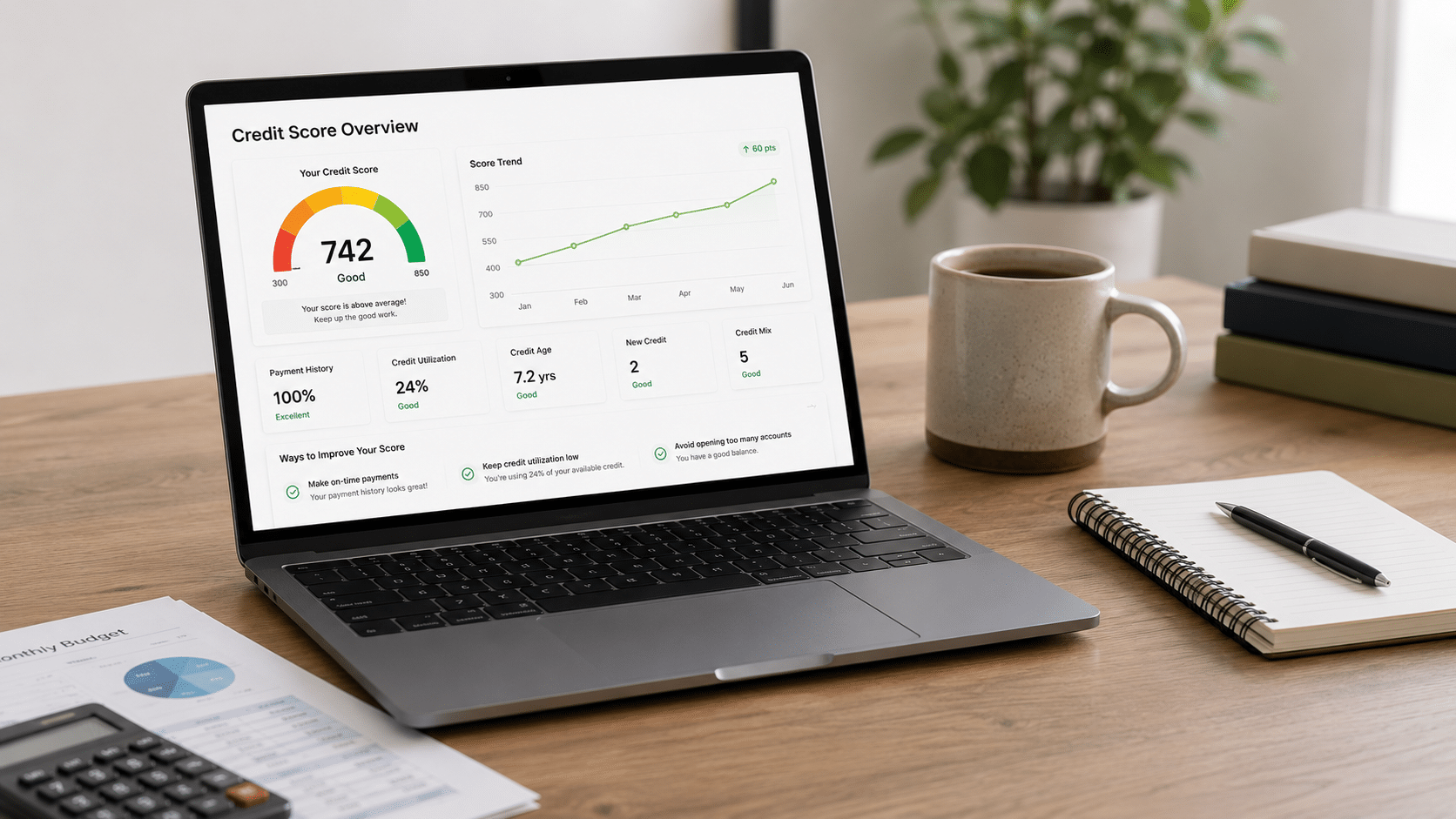 Credit score dashboard displayed on a laptop