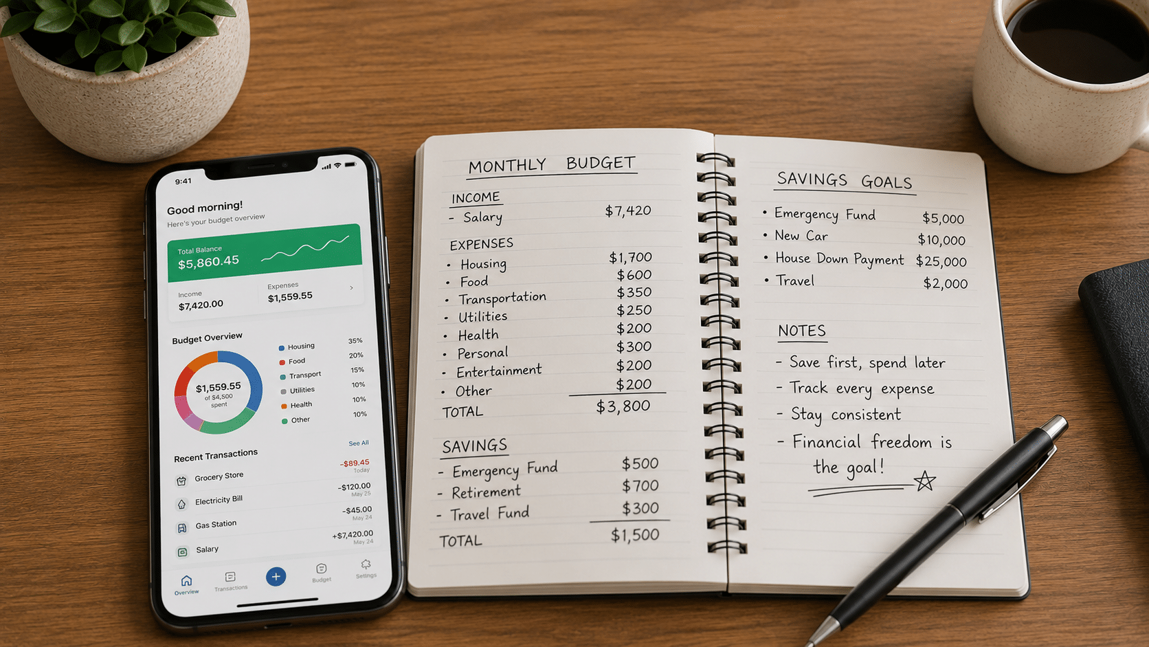 Budgeting app and handwritten financial notes