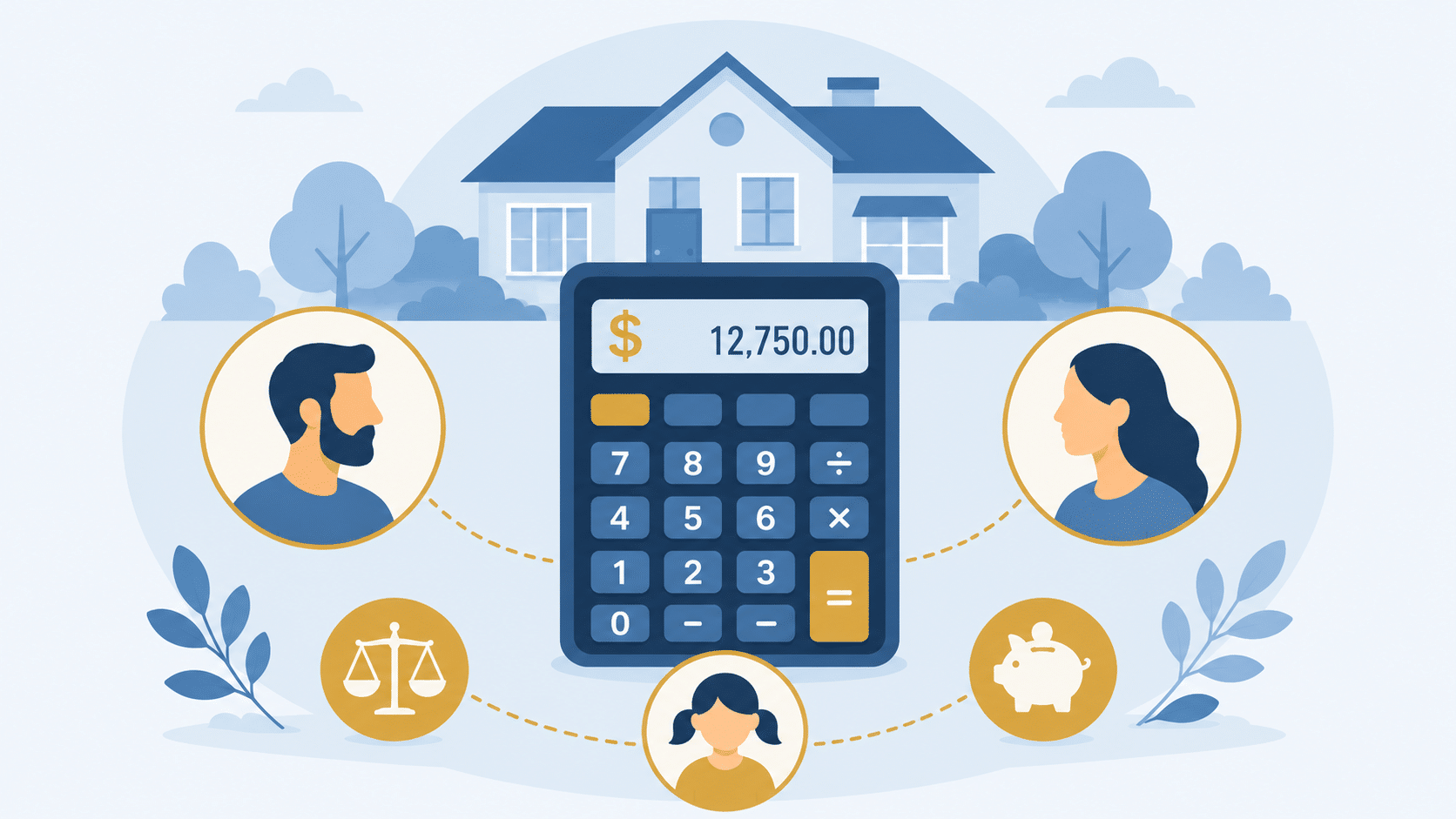 Child support calculator showing monthly payment estimate with family icons and children