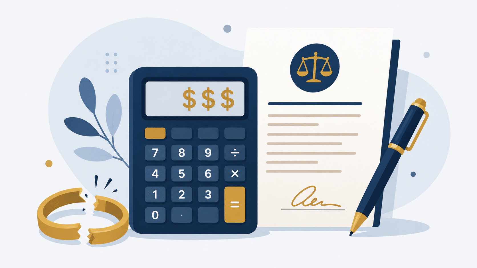 Alimony spousal support calculator with wedding rings and divorce legal document