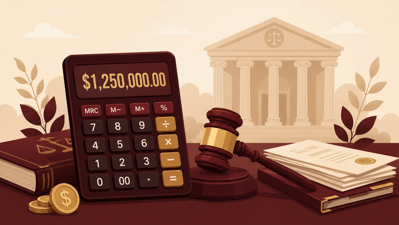 Divorce cost calculator displaying total legal fees with judge gavel and court documents