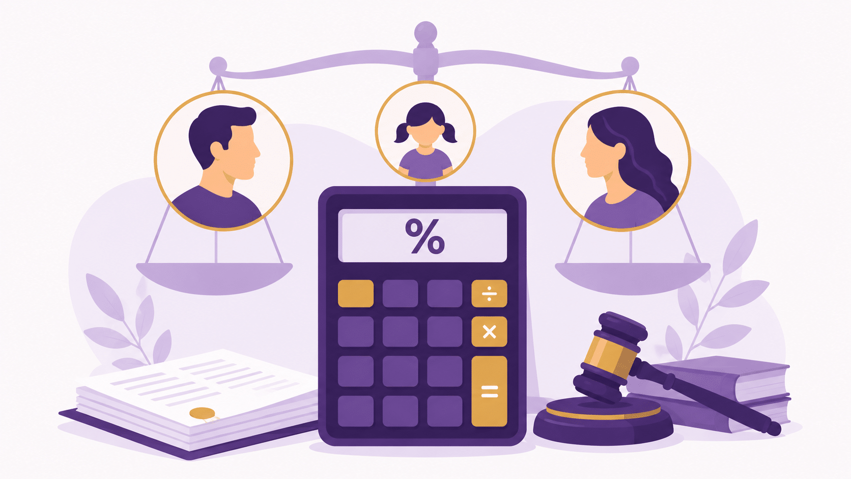 Child custody calculator evaluating parenting time with two parents and child icons