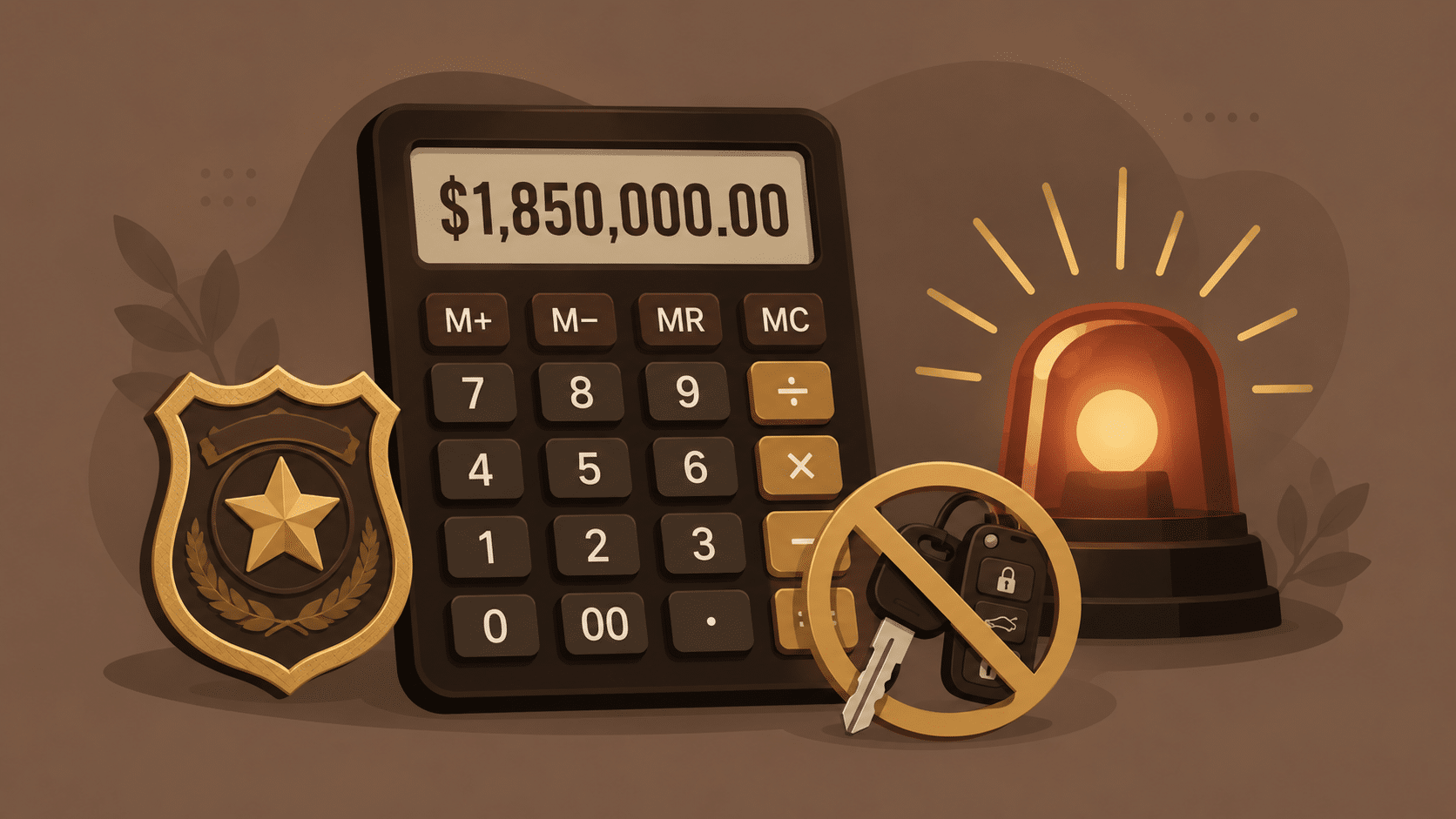 DUI total cost calculator showing expenses breakdown with police lights and gavel