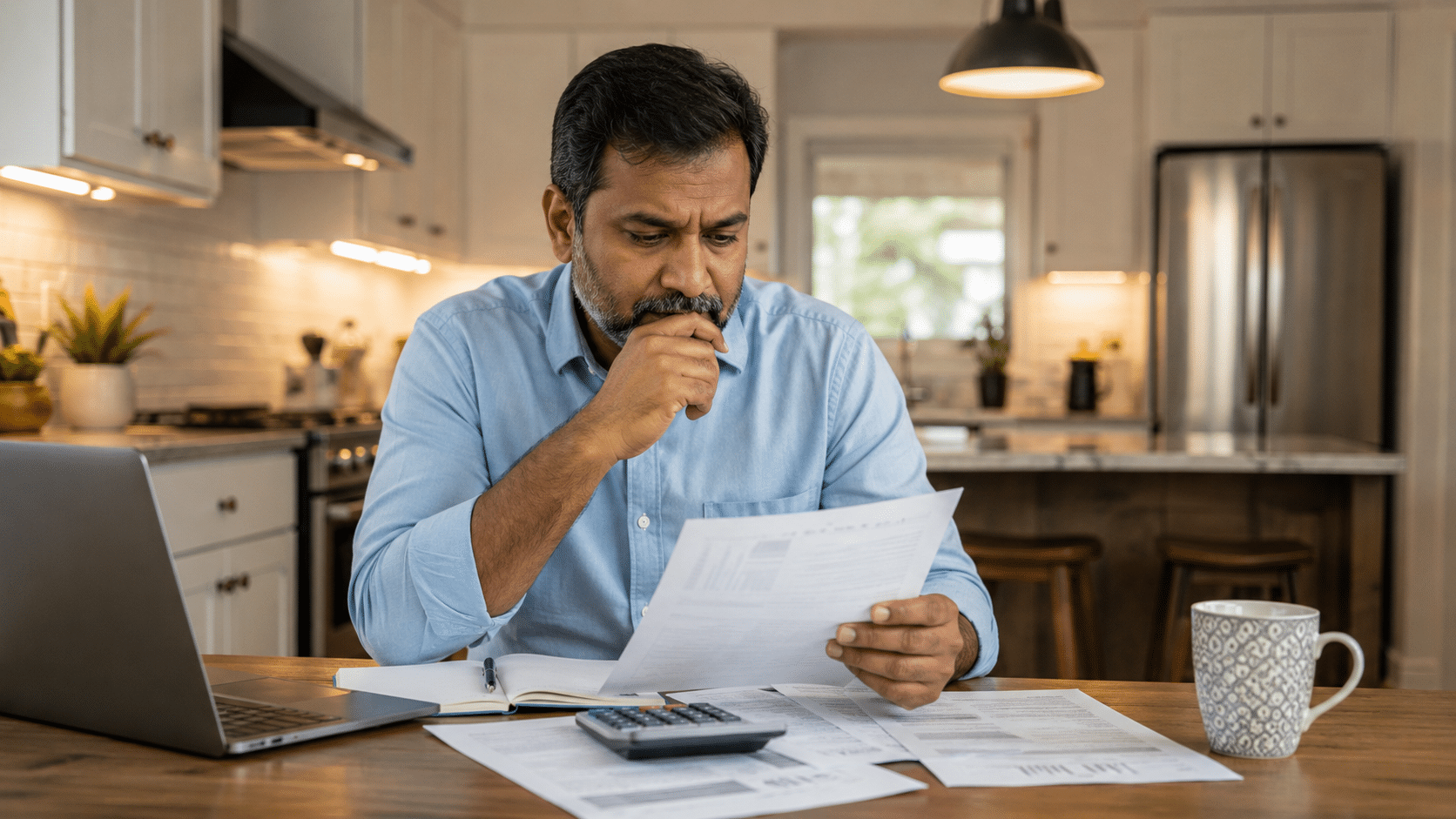 Person reviewing legal and financial documents using an online legal calculator