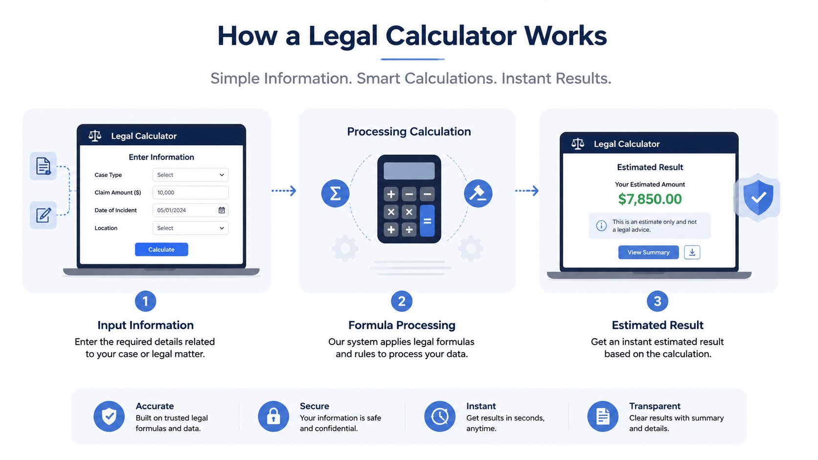 nfographic showing how a legal calculator turns inputs into estimated results