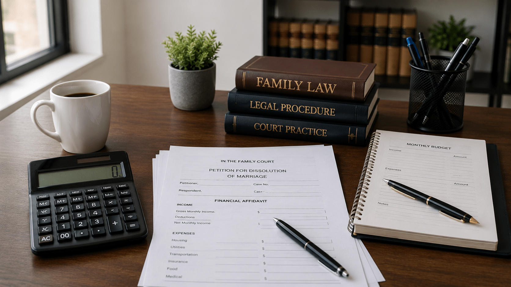 Calculator and legal paperwork representing divorce cost planning