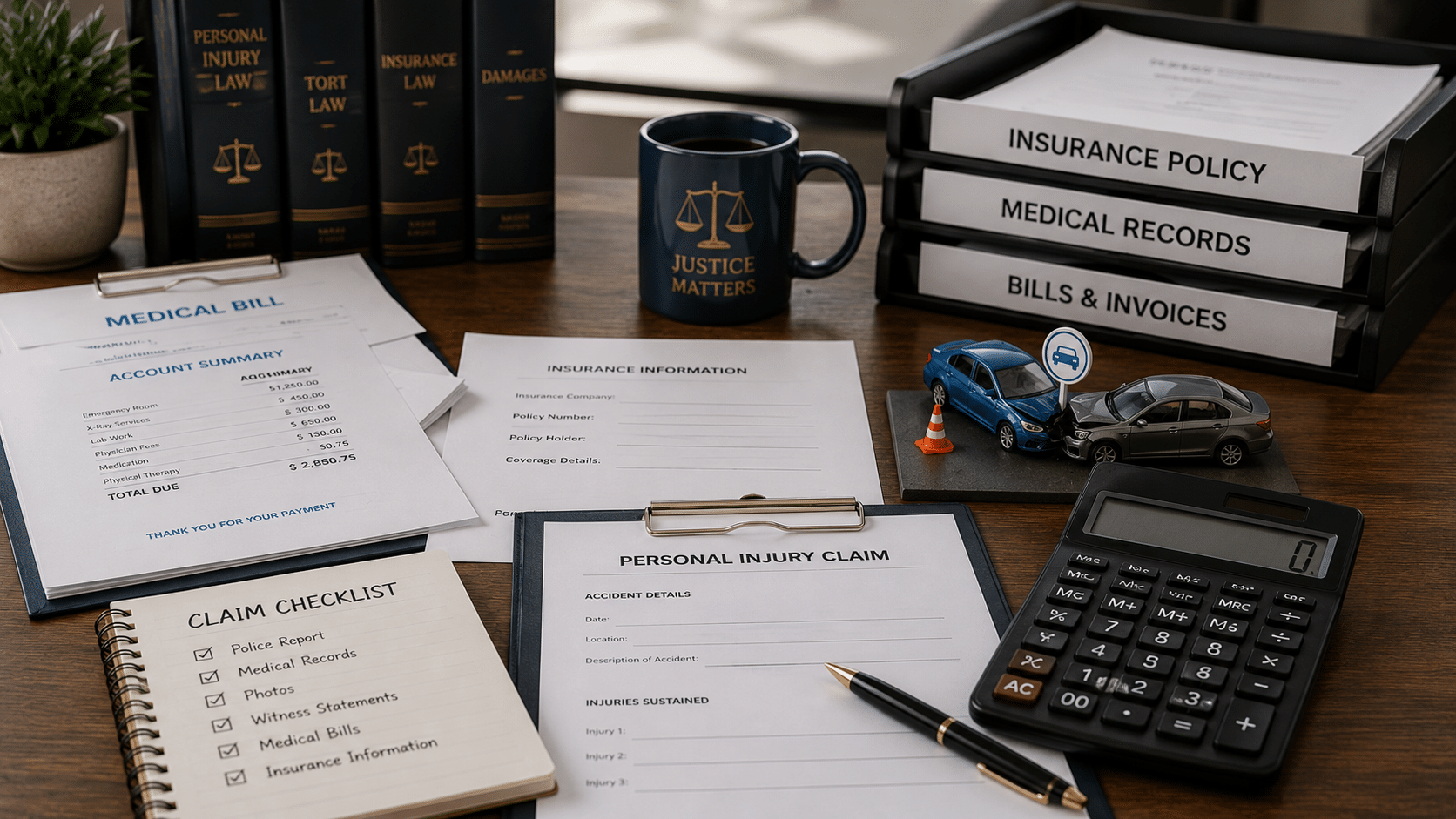 Legal and medical documents used in personal injury settlement calculations