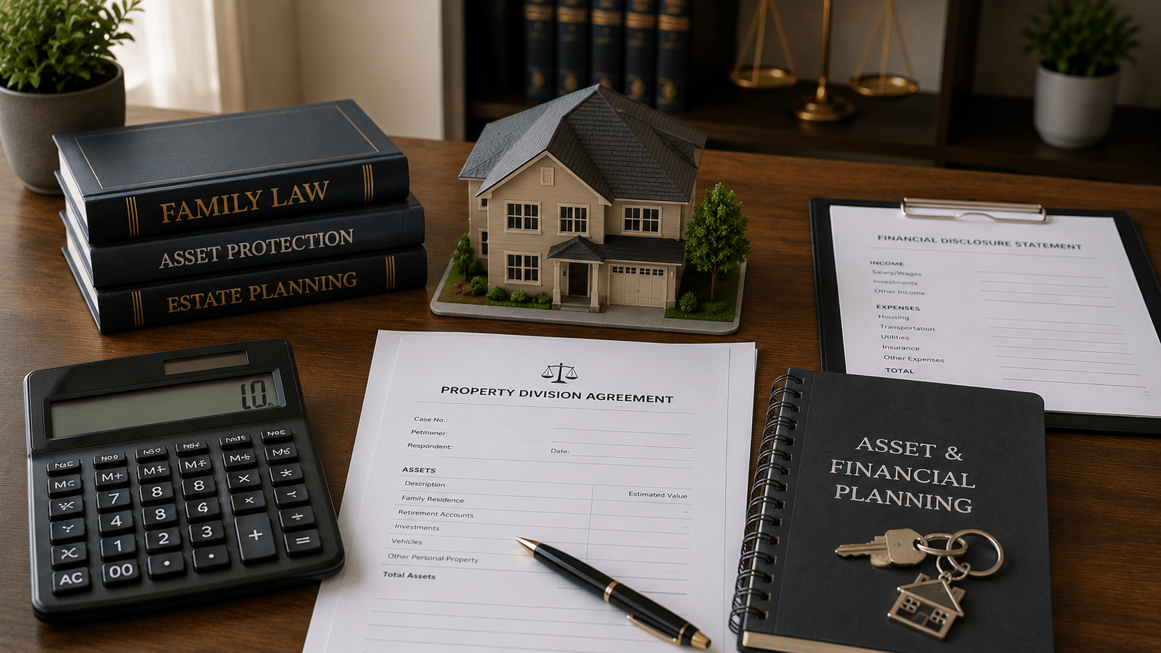 House model and documents representing property division calculations
