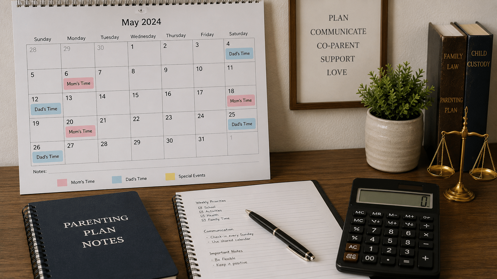 Calendar and planning tools used for parenting time calculations