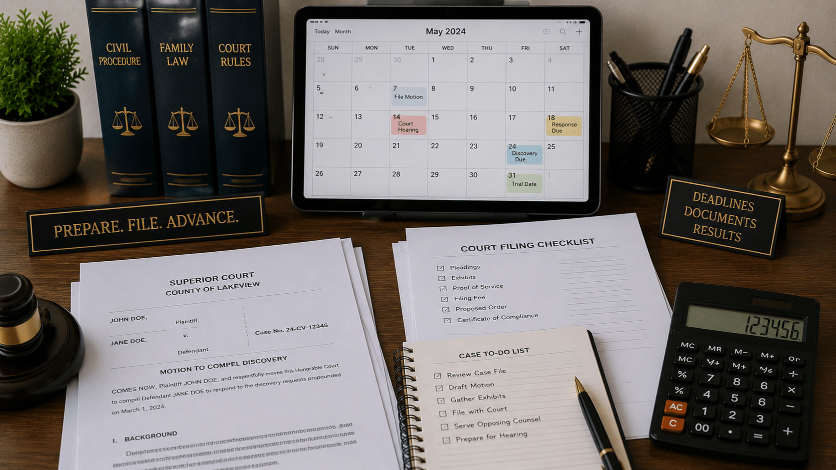 Court documents and calendar used for calculating legal deadlines