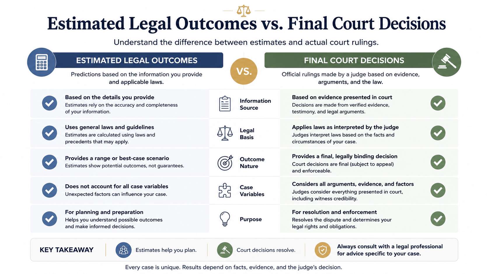 Checklist comparing legal calculator estimates with actual outcomes